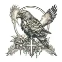 hawk catholic cross sunbeams using negative space surrounded tattoo design idea