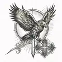 hawk catholic cross sunbeams using negative space surrounded tattoo design idea