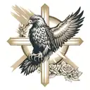 hawk catholic cross sunbeams using negative space surrounded tattoo design idea