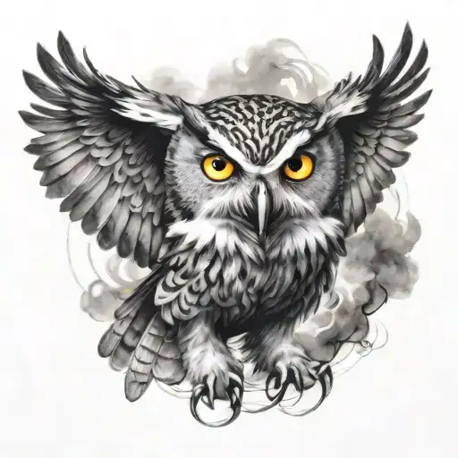 angry owl flying towards tattoo design idea
