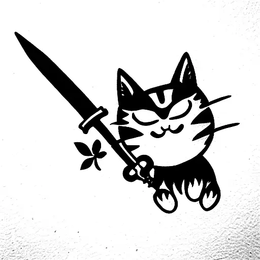 small cute cat that looks evil with sword in her hand tattoo design idea