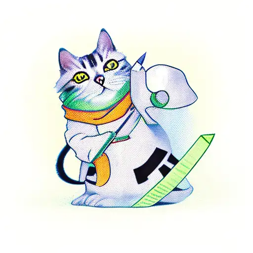 small cute ninja cat that with knife in her hand and weed in the other hand tattoo design idea