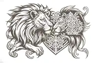 lions face split  in two with claddagh ring surrounded tattoo design idea