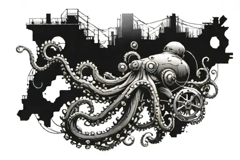 Incorporate a military engineering theme into a tattoo design featuring a mechanical octopus diving deep into the ocean tattoo design idea