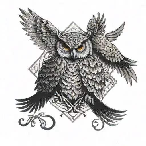 A stylized owl and eagle facing off in a courtroom setting, with the word 'samandar' subtly hidden in the background tattoo design idea