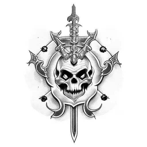 Sword with skulls and flames tattoo design idea
