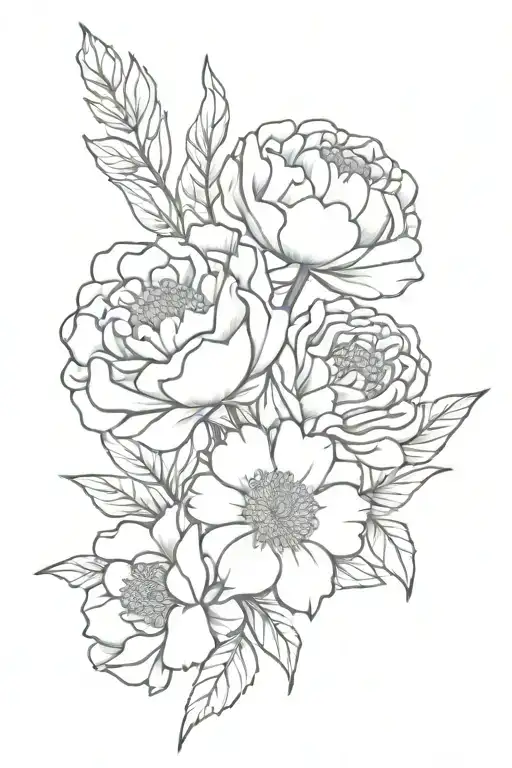 flower buquet with one carnation flower, one chrysanthemum flower and marigold flower tattoo design idea