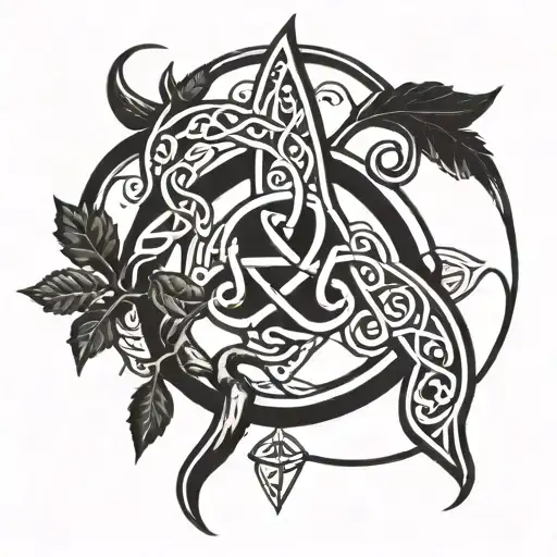 tribal tattoo with elements trinity knot, serch bythol, oak tree, friendship tattoo design idea