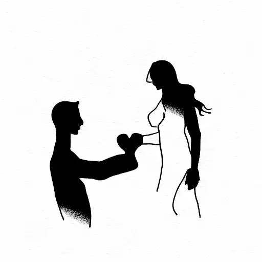 the silhouette of two people, a man and a woman holding their hands just the outline, with their mind connected by lines tattoo design idea