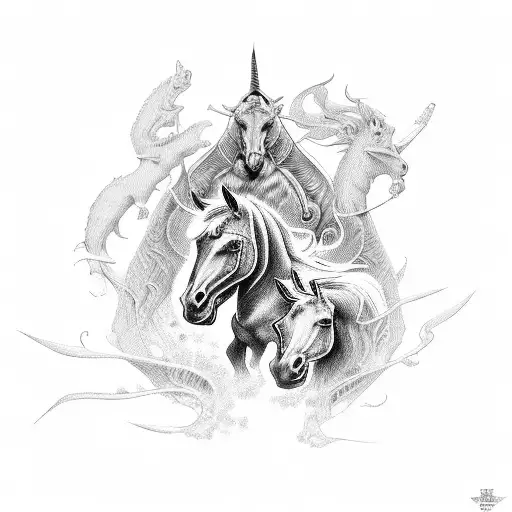 A detailed illustration of the Four Horsemen of the Apocalypse tattoo design idea