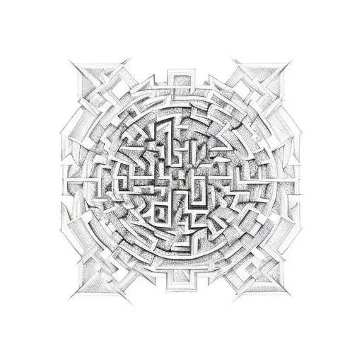 An intricate maze design with hidden messages from the song 'Psycho Killer' woven throughout, in a dotwork style tattoo design idea
