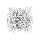 An intricate maze design with hidden messages from the song 'Psycho Killer' woven throughout, in a dotwork style tattoo design idea