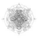 An intricate maze design with hidden messages from the song 'Psycho Killer' woven throughout, in a dotwork style tattoo design idea