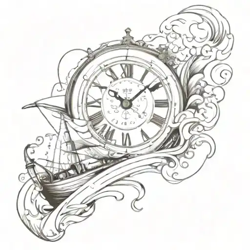 Design tattoo combining elements of speedboat sailing torrent clock imagery in a sketch style reminiscent of Dali's work tattoo design idea