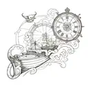 Design tattoo combining elements of speedboat sailing torrent clock imagery in a sketch style reminiscent of Dali's work tattoo design idea