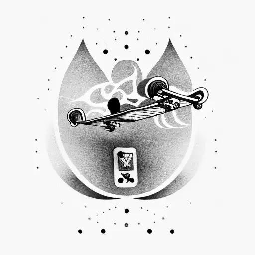 A skateboard with smoke trails forming coding symbols tattoo design idea