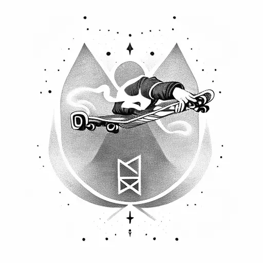 A skateboard with smoke trails forming coding symbols tattoo design idea