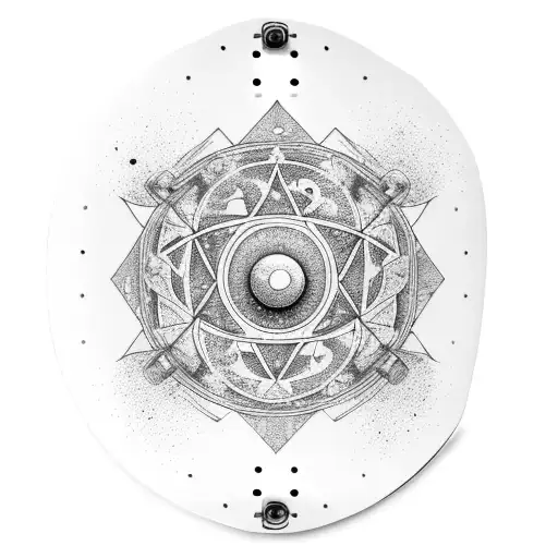 A cosmic-themed skateboard deck with hidden conspiracy symbols tattoo design idea