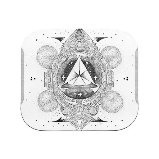 A cosmic-themed skateboard deck with hidden conspiracy symbols tattoo design idea