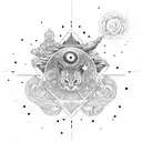 A cosmic-themed skateboard deck with hidden conspiracy symbols tattoo design idea