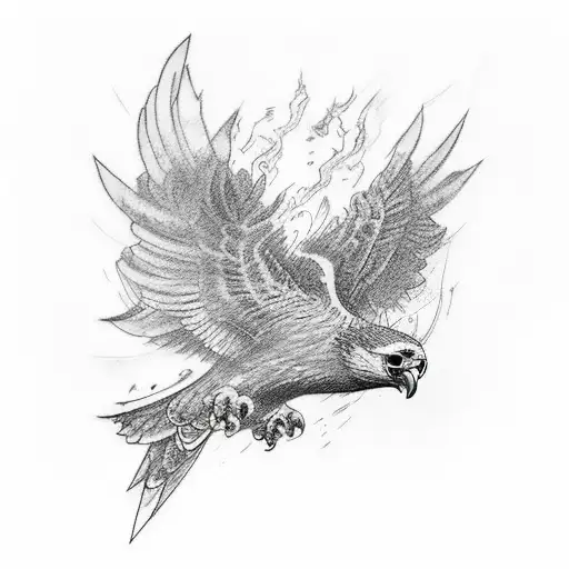 A sleeve tattoo in black ink that inkludes several images in a kind of life history way. Images of an attacking falcon,  tattoo design idea