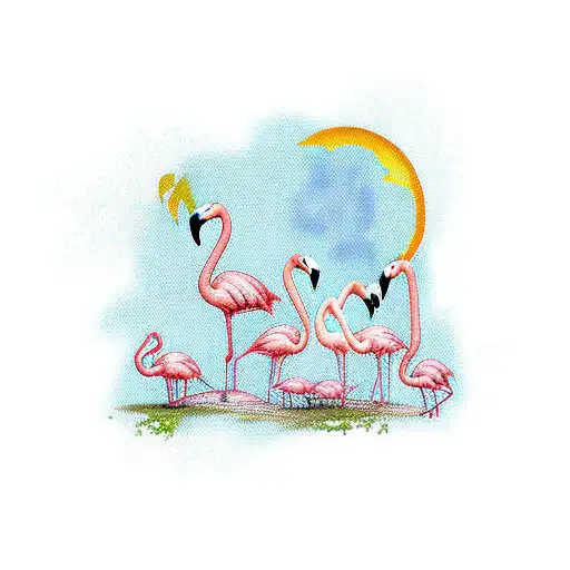 flamingo family nest with two baby flamingos and two adult  tattoo design idea