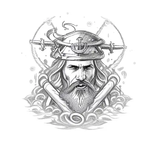 A fearless marine adorned with nautical symbols and surrounded by crashing waves, transitioning into a fantastical landscape featuring a medieval castle and a group of IT D&D nerds engrossed in an epic battle with mythical creatures, concluding with a heartwarming scene of a father holding his child tattoo design idea