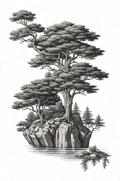 pine tree on a floating island black and white tattoo design idea