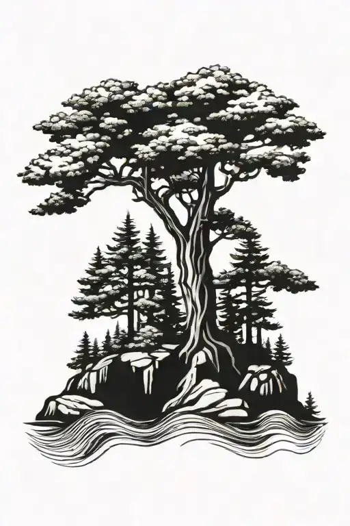 pine tree on a floating island black and white tattoo design idea