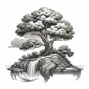 tree on a floating island black and white tattoo design idea