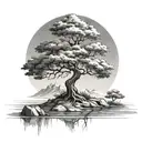 tree on a floating island black and white tattoo design idea