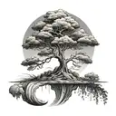 tree on a floating island black and white tattoo design idea
