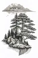 pine tree on a floating island black and white tattoo design idea