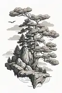 pine tree on a floating island black and white tattoo design idea