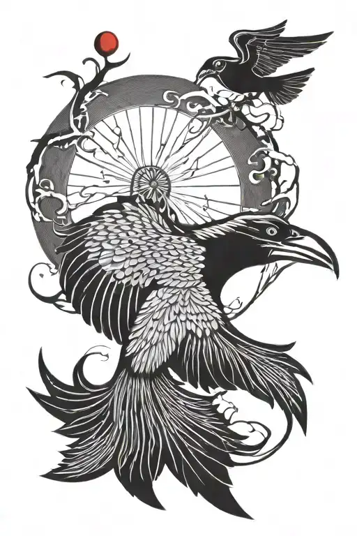 crow flying red moon shining tattoo design idea