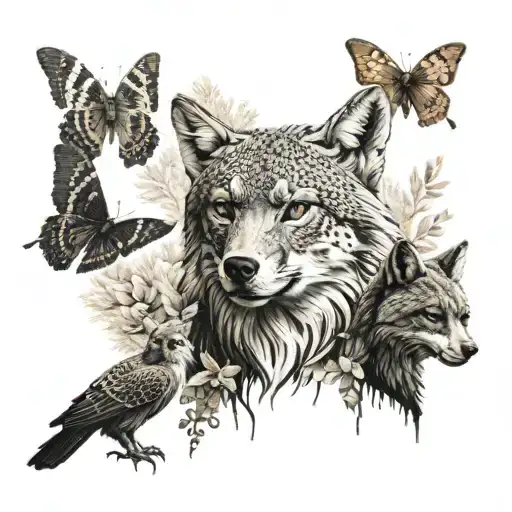 butterfly, hawk, fox, and a bear. realistic tattoo design idea