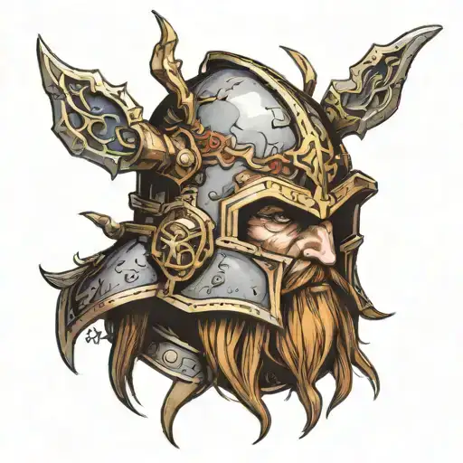dwarfen Helmet as Dungeon with a group of an elf a dwarf an human wizard and a human hunter  tattoo design idea