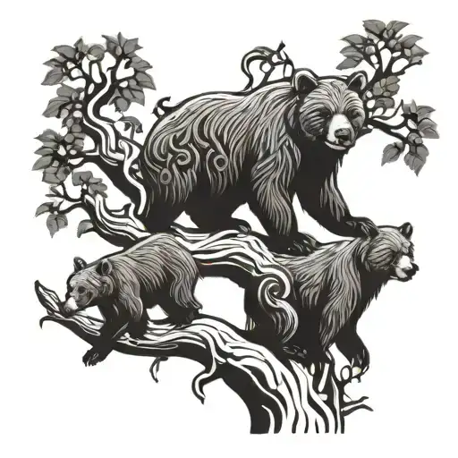 bear cubs playing at a big tree  tattoo design idea