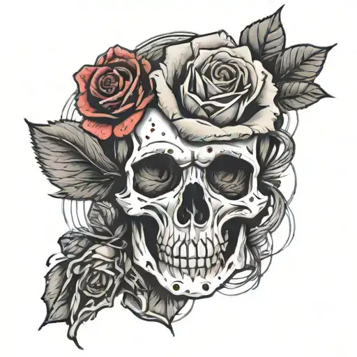 Skeleton hand holding a dying rose, the rose has a lipstick mark on it, patchwork style tattoo design idea