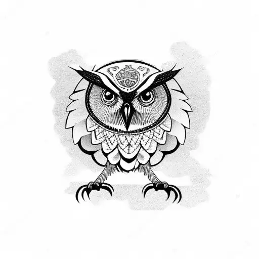 Athenian owl with cool background design and Athens written in greek tattoo design idea