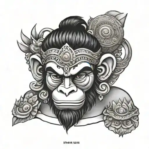 A detailed portrait of Hanuman, the monkey god, in a black-grey style tattoo design idea