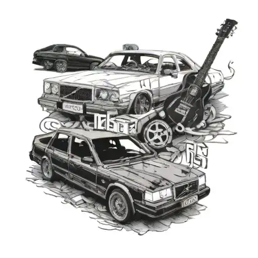 an old volvo 740 with some beer bottles and cigarettes. also an electric guitar. and have it say ''VLUCHTGEUVEL"" tattoo design idea