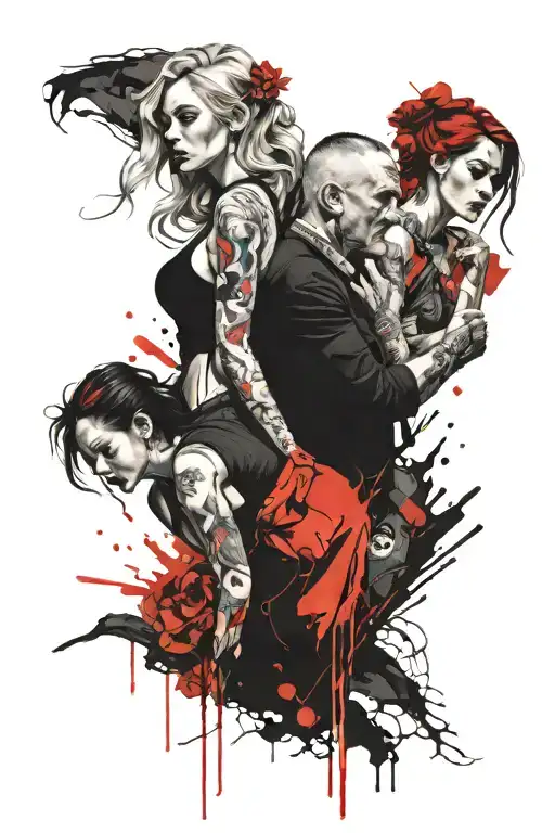 father mother 2 daughters embracing neo traditional  tattoo design idea
