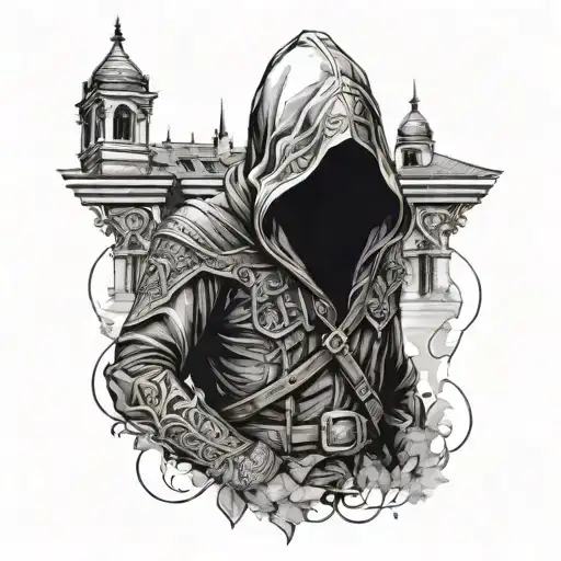 Assassin's Creed hooded figure blending into a rooftop garden filled with hidden blades and security cameras tattoo design idea