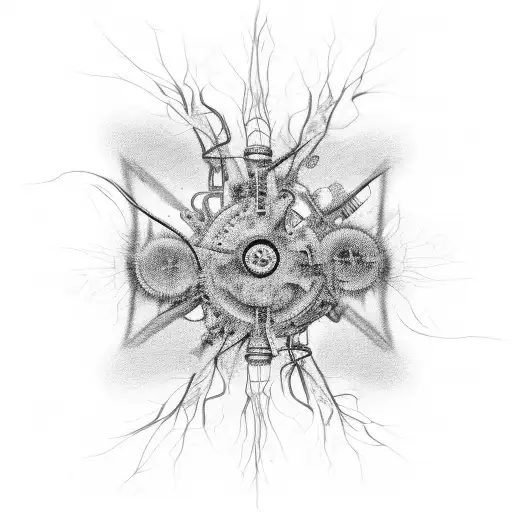 An abstract representation of neurons firing within a steampunk-inspired political engine tattoo design idea