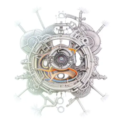 A steampunk-inspired engine intertwined with intricate neuron patterns tattoo design idea