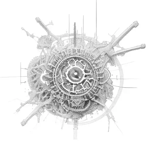 A political scientist's brain depicted as a complex network of gears and neurons tattoo design idea