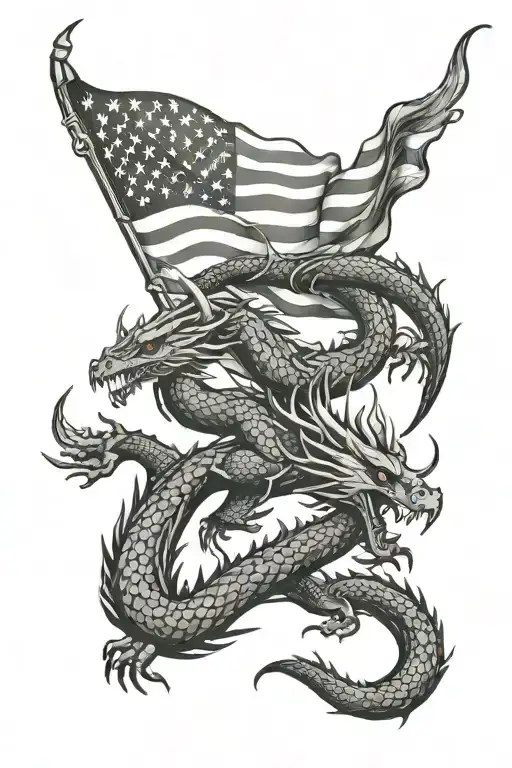 USA Flag and dragon breathing fire tattoo design idea