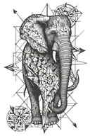 elephant, compass and arrows pointing tattoo design idea