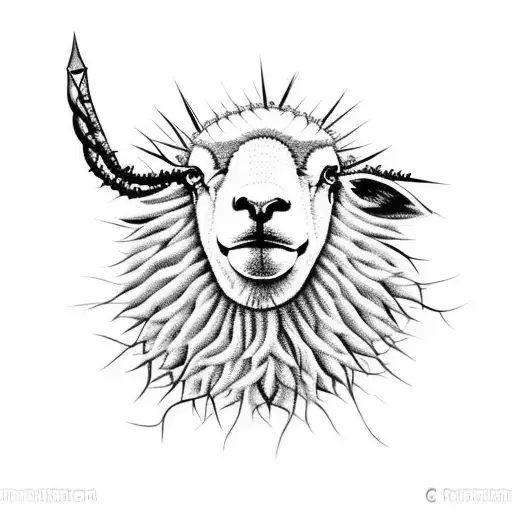 A sheep's head with a crown of thorns, black eyes crying tattoo design idea